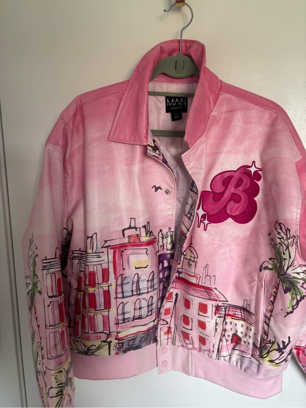 Boohoo Pink Illustrated City Bomber Jacket with Embroidered B Patch